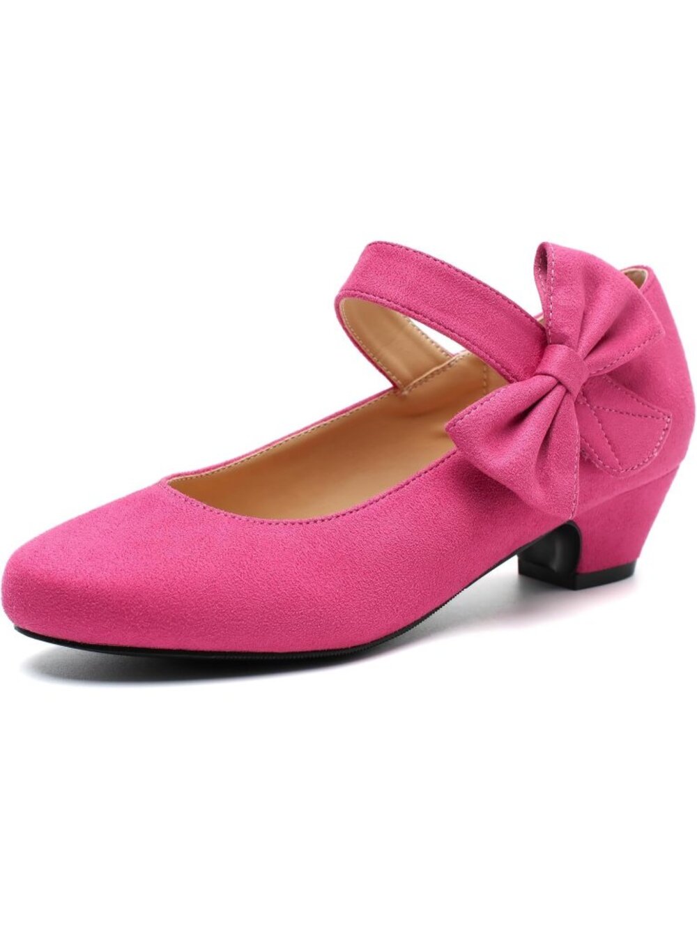 Women's Pink Suede Low Block Heel with Side Bowknot Round Toe Wedding Pump Shoes